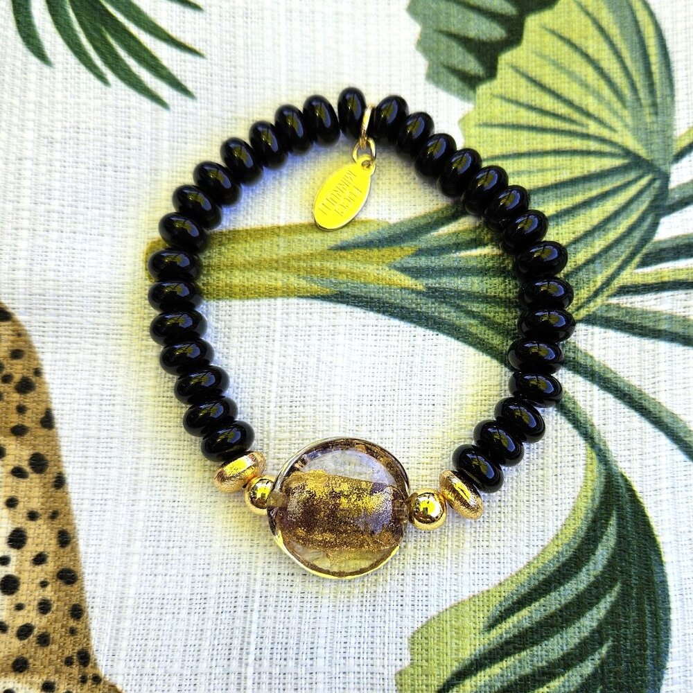 SALE!! Fused Glass, Onyx and Gold Filled Accent Bracelet